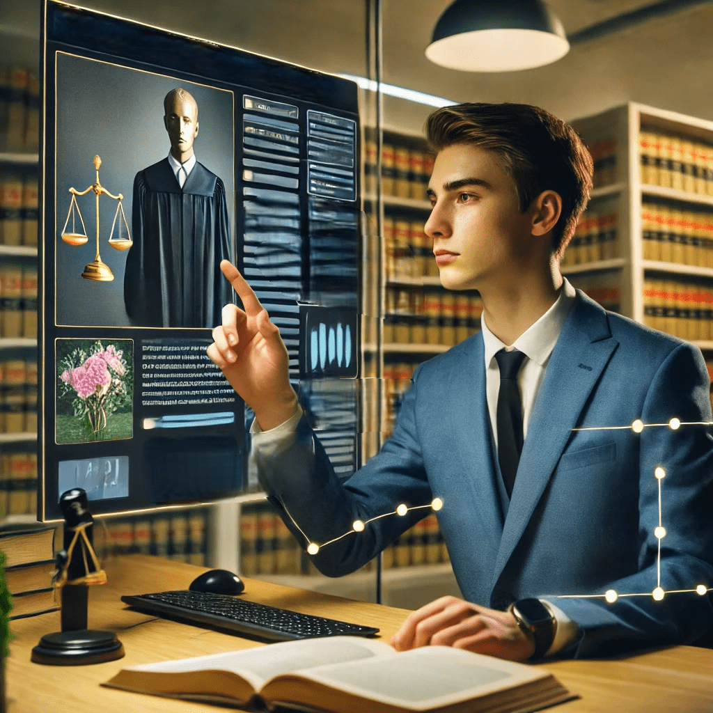 Estudiante de Derecho utilizando ViTAG para análisis de video legal y mejorar aprendizaje.