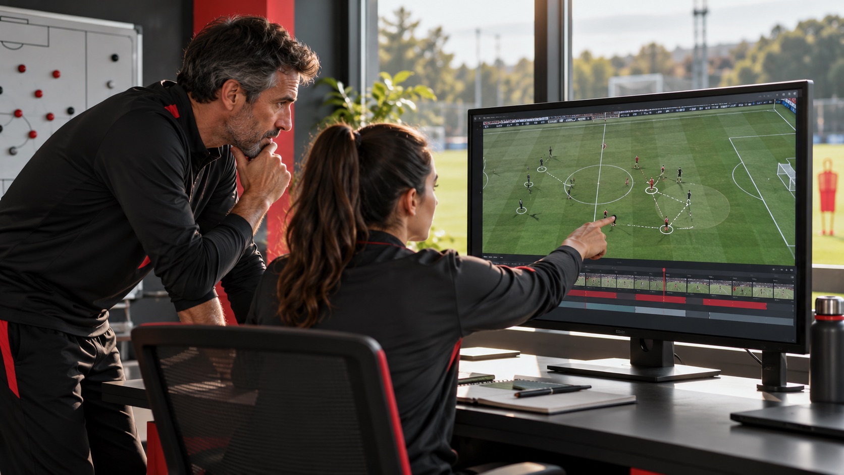 Entrenador y analista revisando escenas de fútbol en una pantalla · recreación conceptual con IA