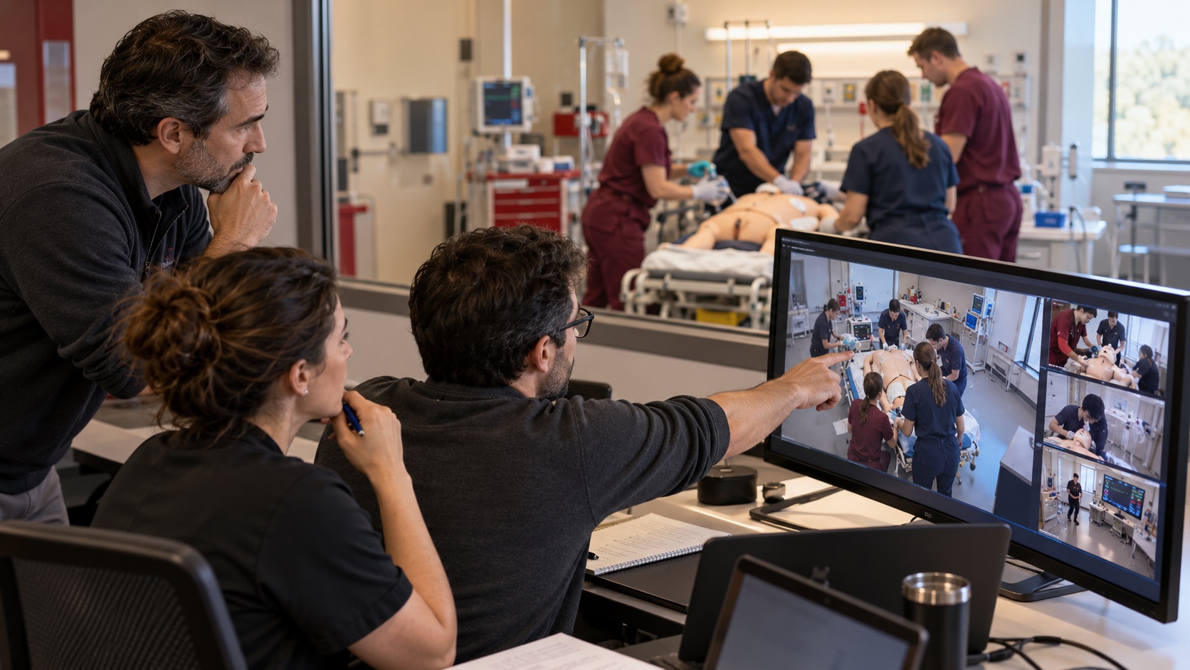 Equipo docente revisando una simulación de emergencia con maniquí · recreación conceptual con IA