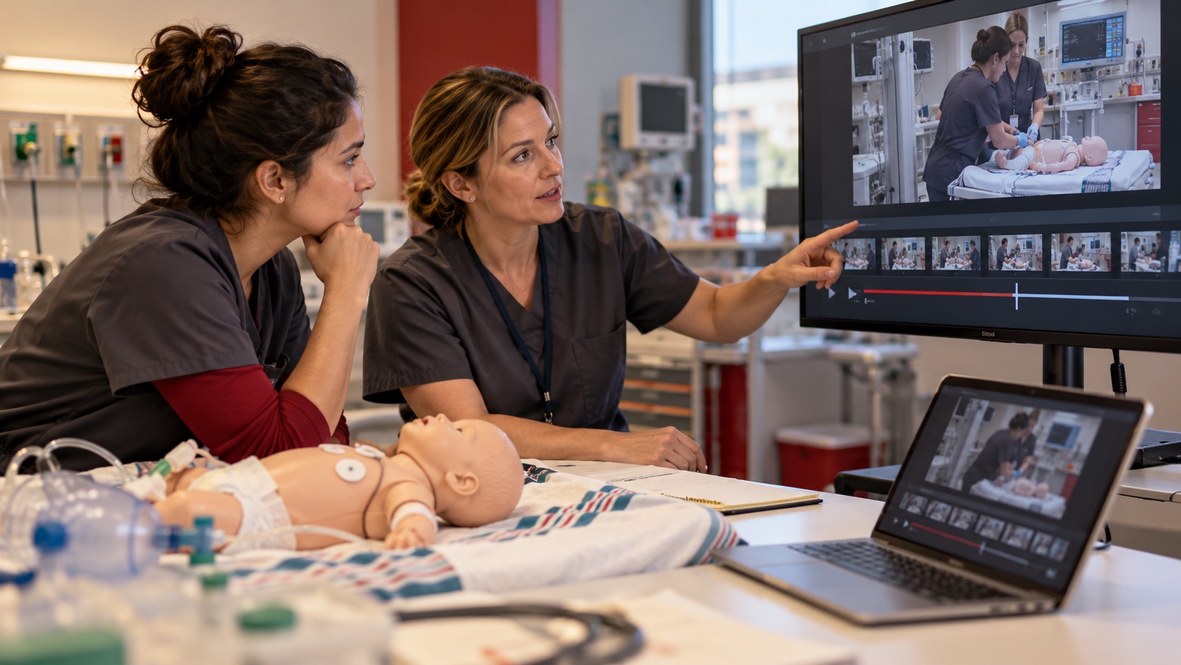 Instructoras revisando una simulación con un maniquí neonatal · recreación conceptual con IA
