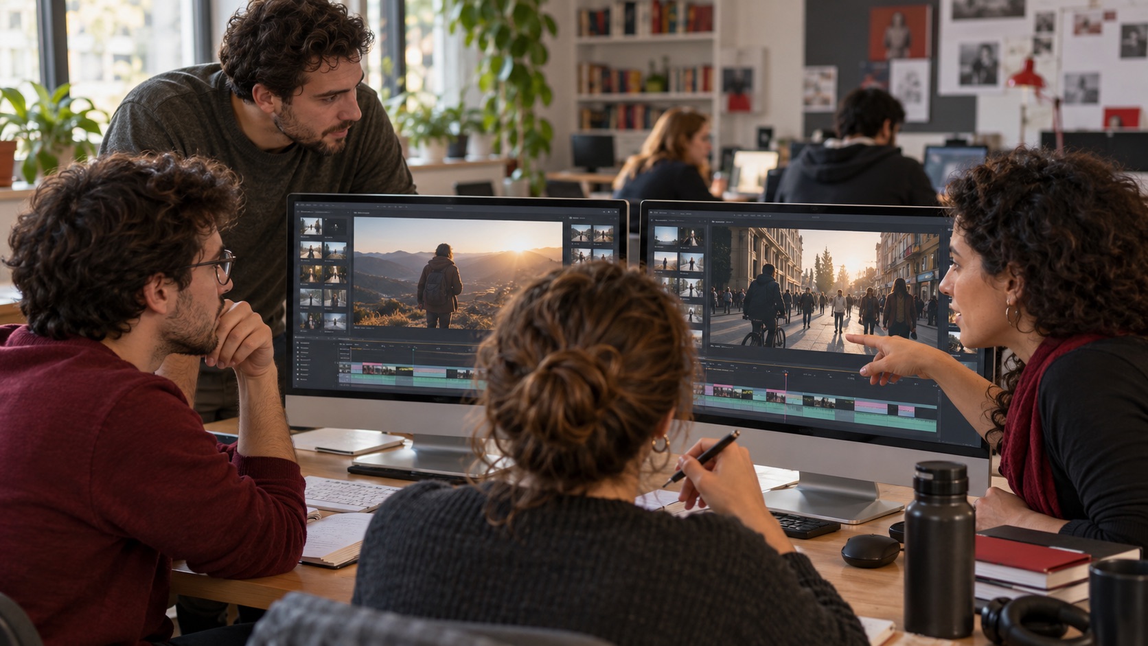 Estudiantes universitarios comparando ejemplos audiovisuales · recreación conceptual con IA