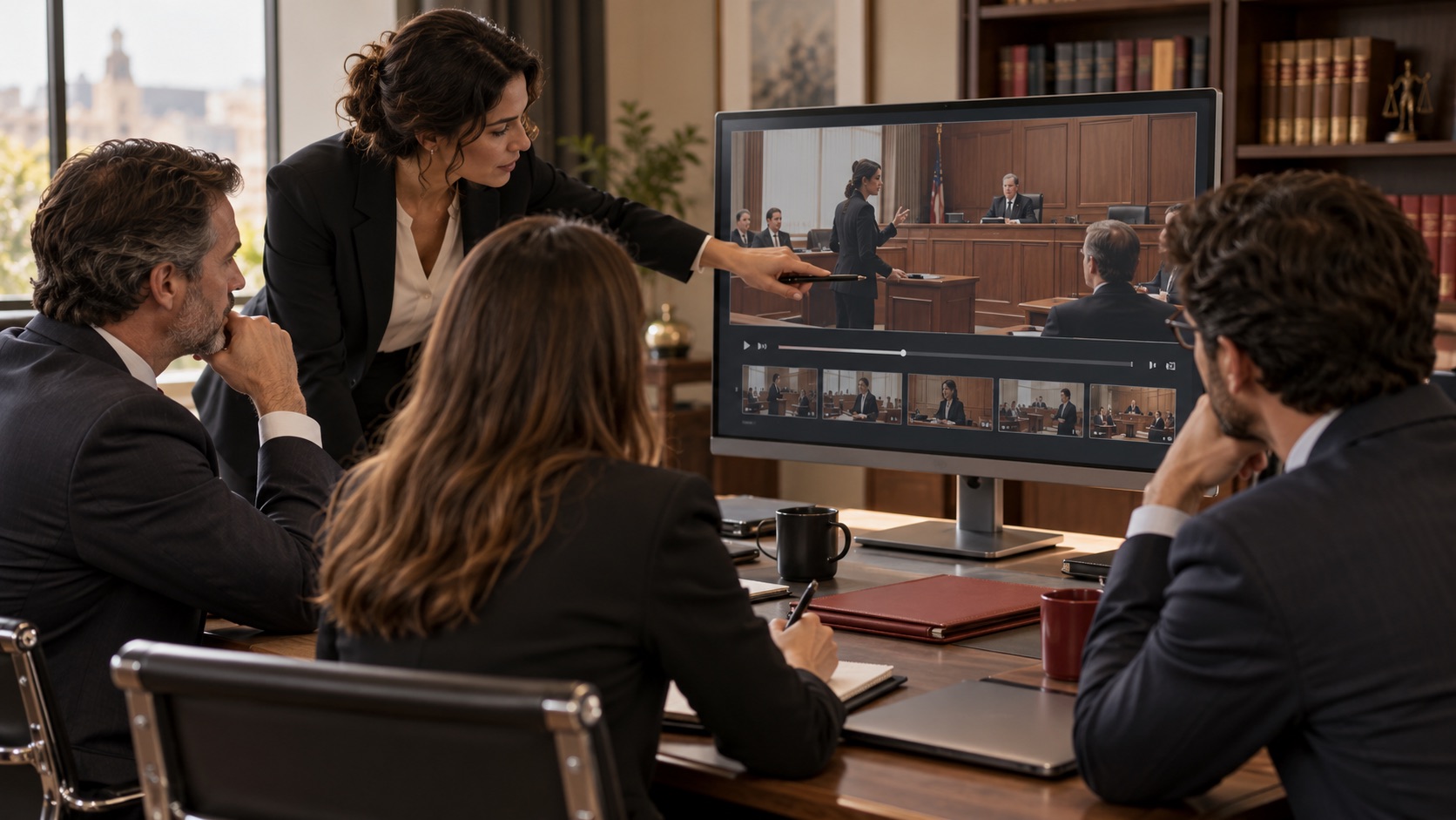 Profesionales del derecho revisando un juicio simulado · recreación conceptual con IA
