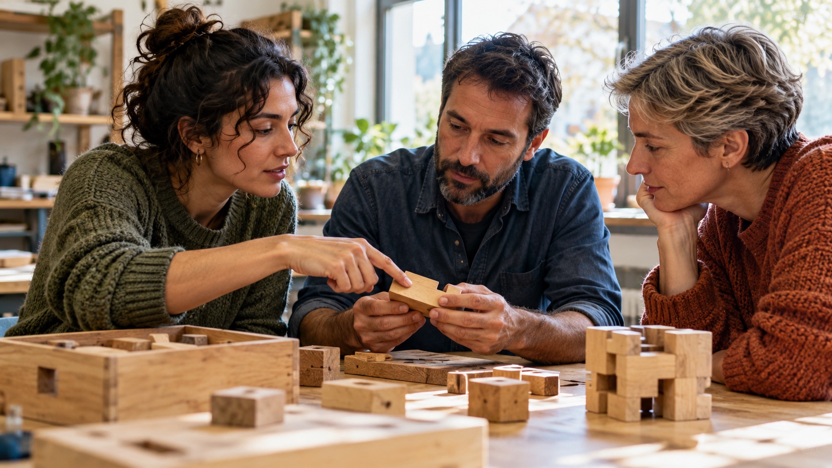 Adultos resolviendo una tarea colaborativa con piezas de madera · recreación conceptual con IA