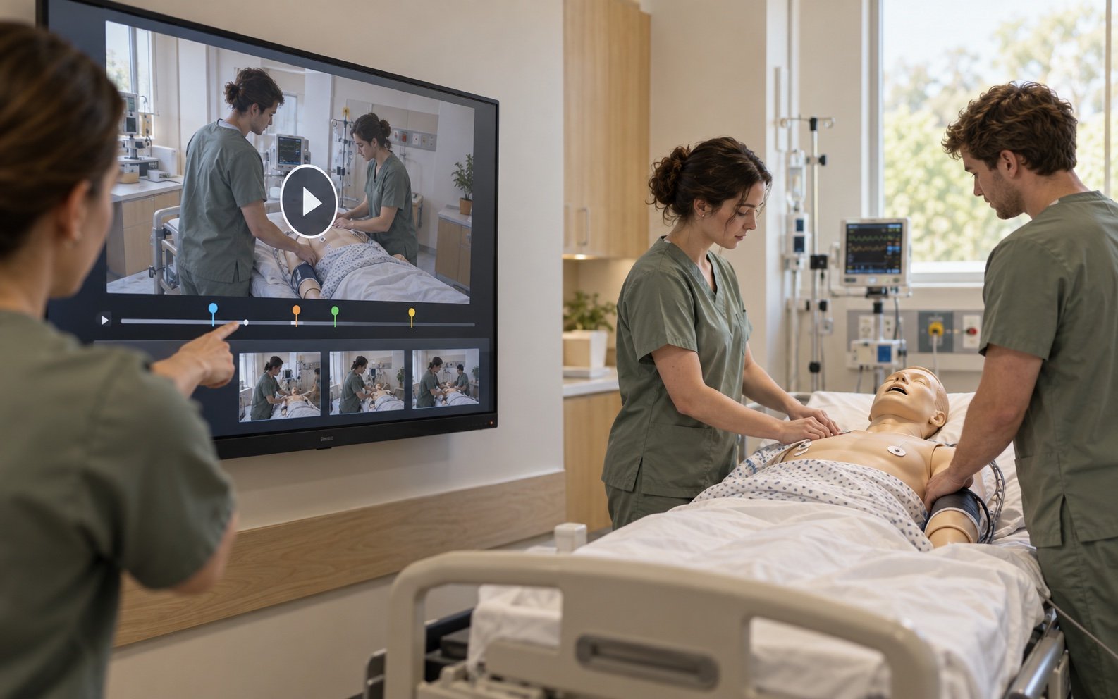 Equipo de simulación sanitaria revisando en vídeo una práctica realizada con un maniquí · recreación conceptual con IA